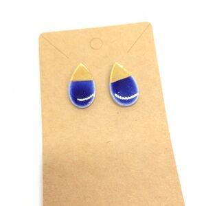 3/$30 PORCELAIN GOLD DIP BLUE GLAZE TEARDROP STUD EARRINGS STERLING SILVER PETAL